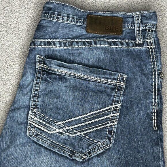 BKE Jake Jeans Mens 36 Blue Contrast Stitch Straight Leg Whiskered Distressed - Picture 1 of 16